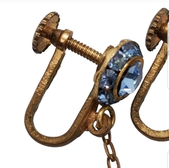 VINTAGE 1940s GOLDTONED & BLUE AUSTRIAN CRYSTAL SCREW BACK DROP STYLE EARRINGS - Picture 5 of 5